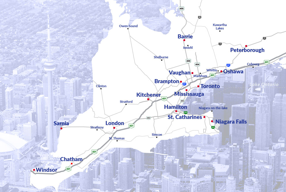 Southwestern Ontario map overlapping aerial view of Toronto