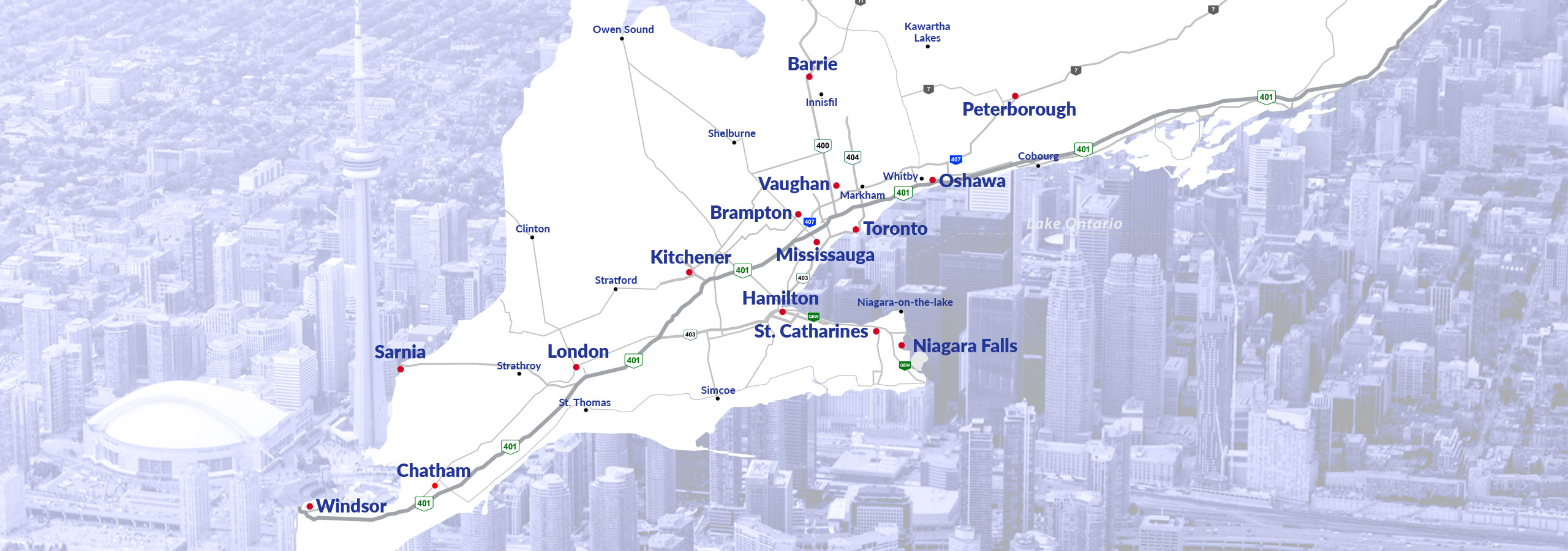 Southwestern Ontario map overlapping aerial view of Toronto